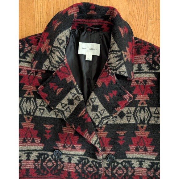 Sun Stone Southwestern Red Black Small Wool Blend Pea Coat Jacket Aztec Winter - Picture 4 of 11